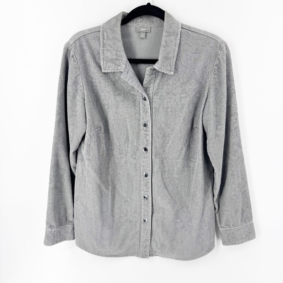 ✅ J. Jill Shirt SMALL Gray Corduroy Long Sleeve Button Up Floral Embroidery - Picture 1 of 9